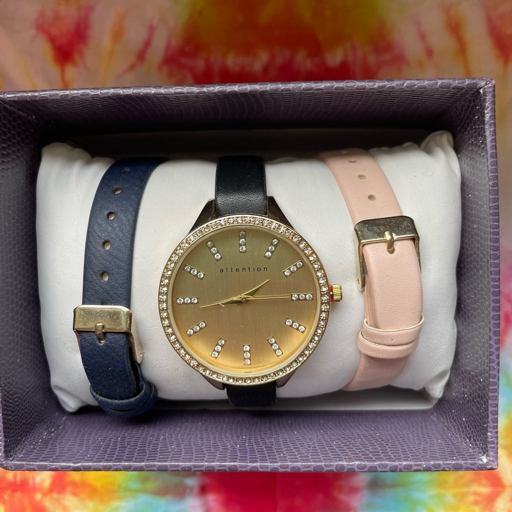 NWT IOB Black, Navy, & Peach Interchangeable Band Watch Set
